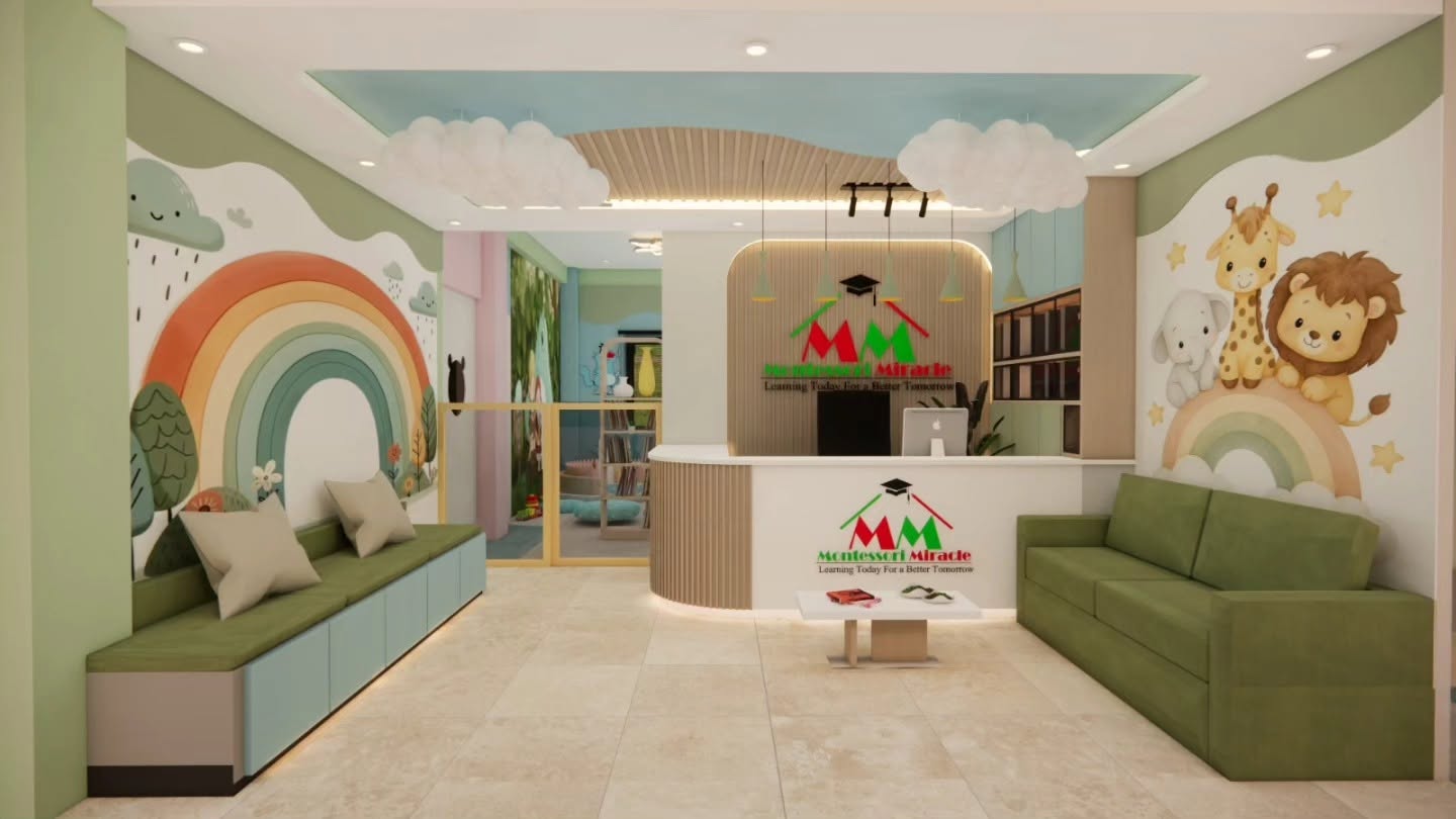 Montessori Miracle reception and lobby with rainbow mural