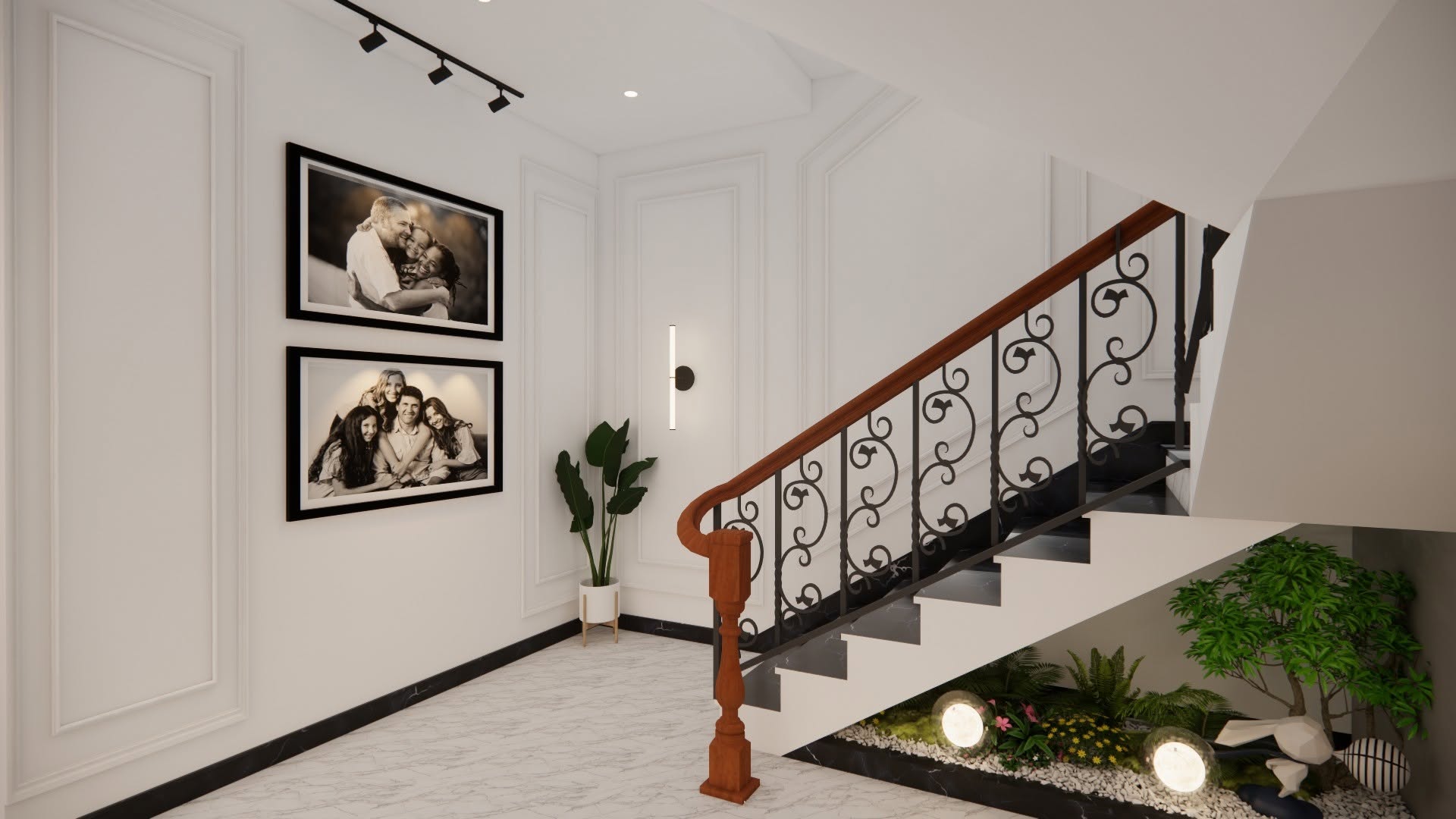 Statement staircase with wrought iron railing and indoor garden
