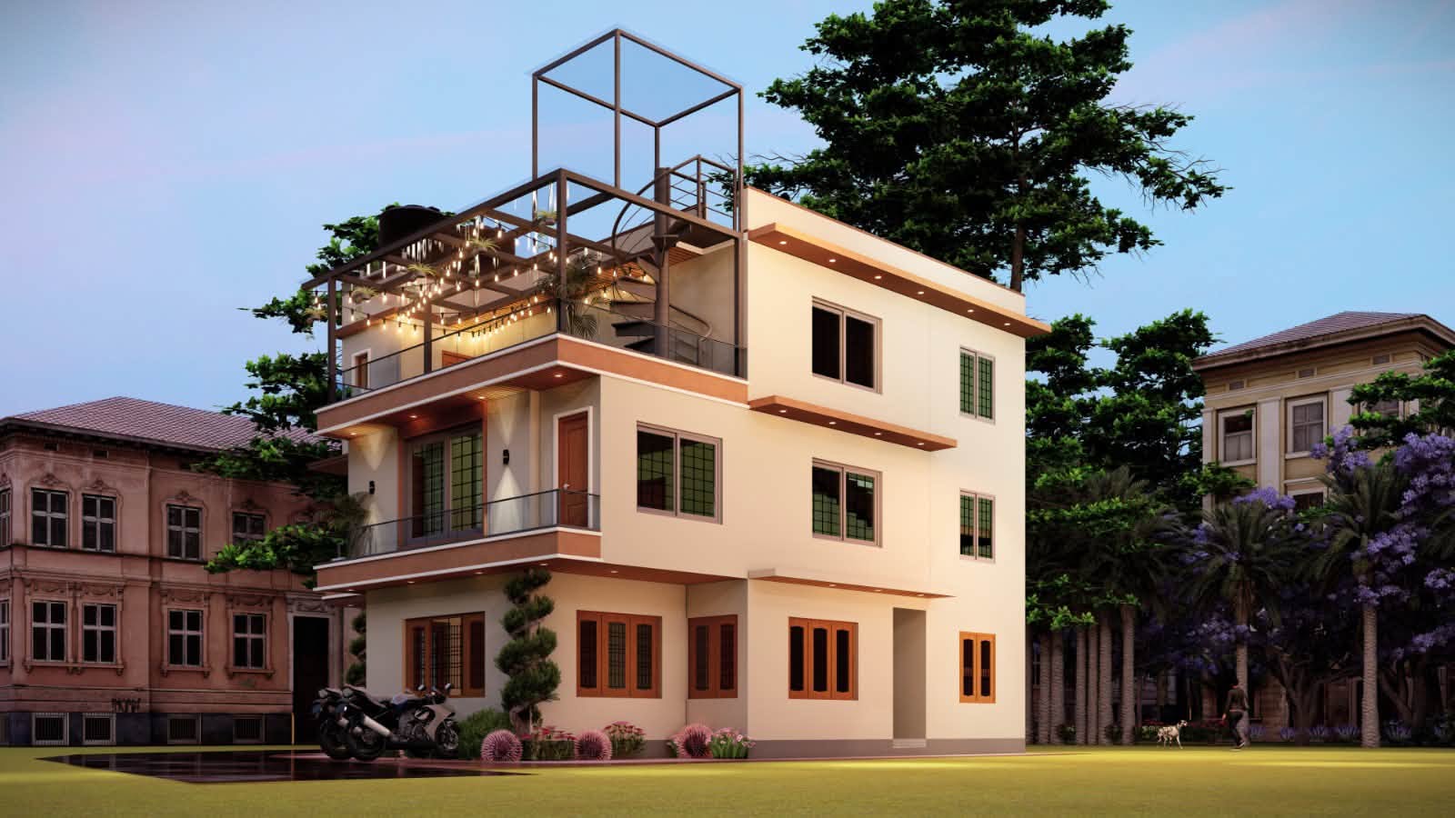 Three-storey residence daytime elevation with corner balconies