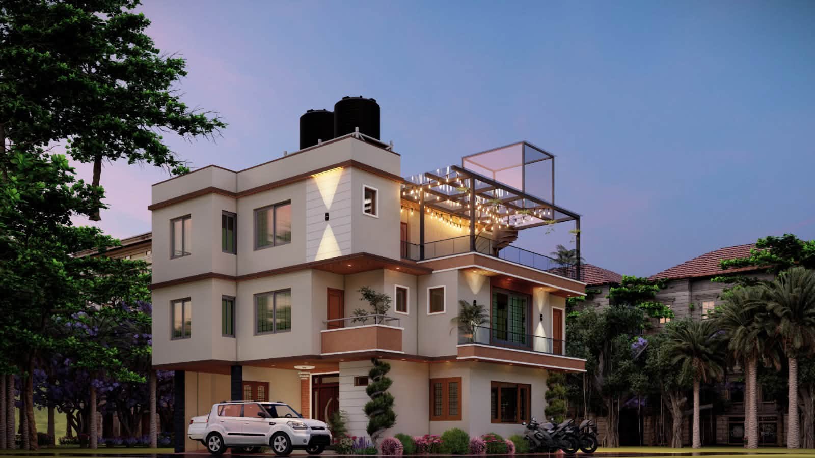 Three-storey contemporary villa with rooftop pergola at dusk