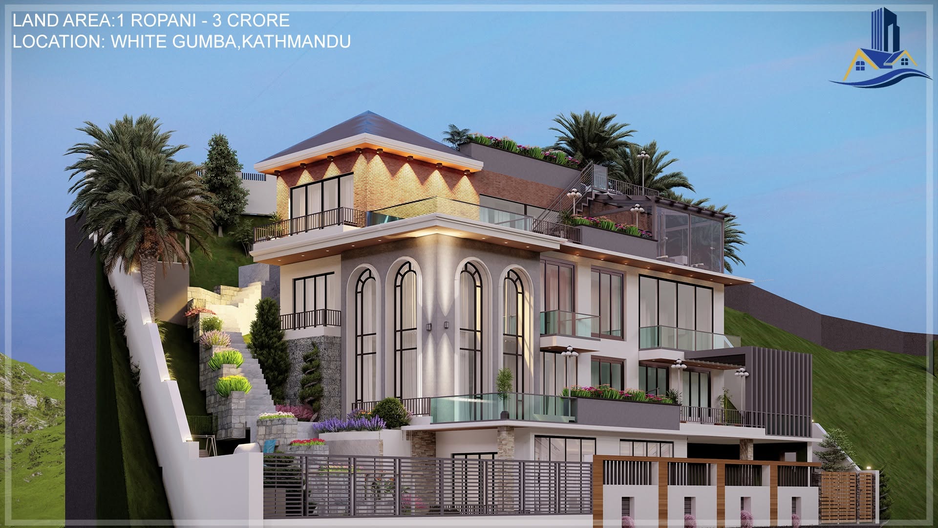 Hillside multi-level villa with terraced landscaping, White Gumba